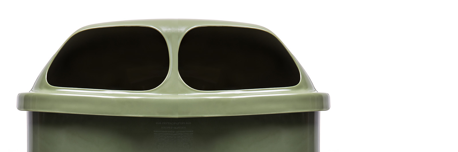 Top of a plastic litter bin which shows two apertures to throw rubbish through.